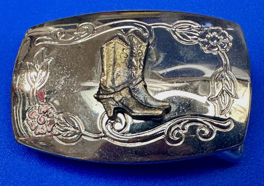 USA made Western Cowboy boots on reflective two tone vintage belt buckle