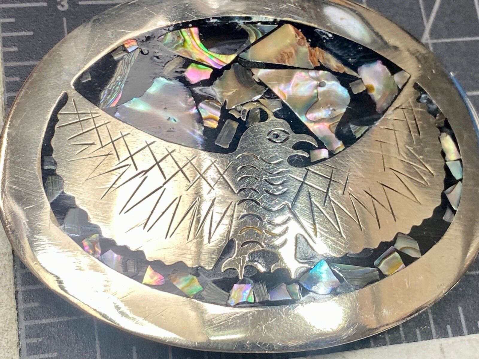 Abalone Shell Native BIRD - wings wide Alpaca Mexico stamped belt buckle