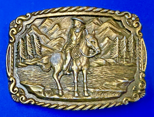 Tall in the Saddle Cowboy Horse River Mountain Scenery Western Belt Buckle