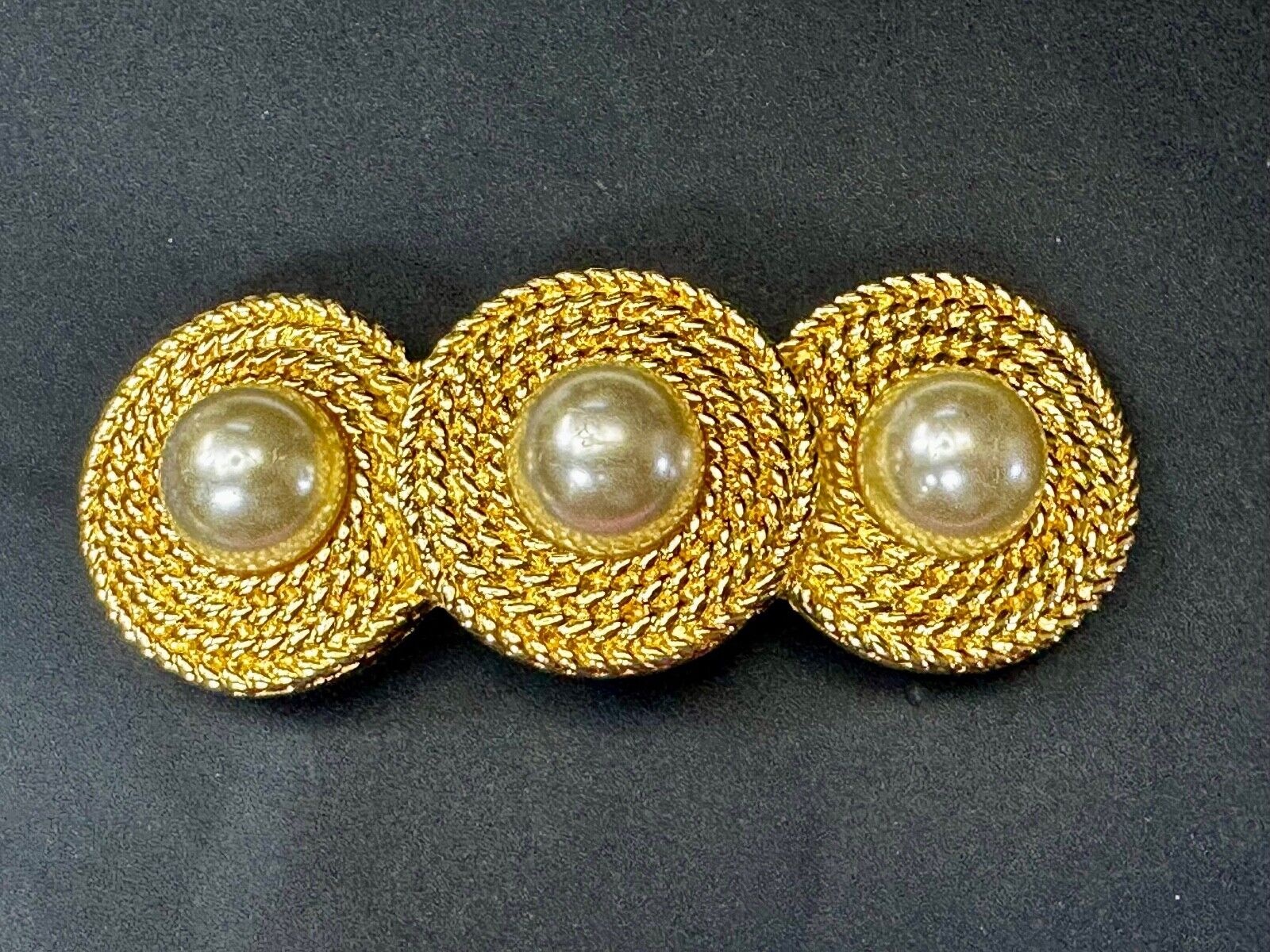 Three Round Faux Pearl's HUGE Statement Large Gold Tone Vintage Belt Buckle