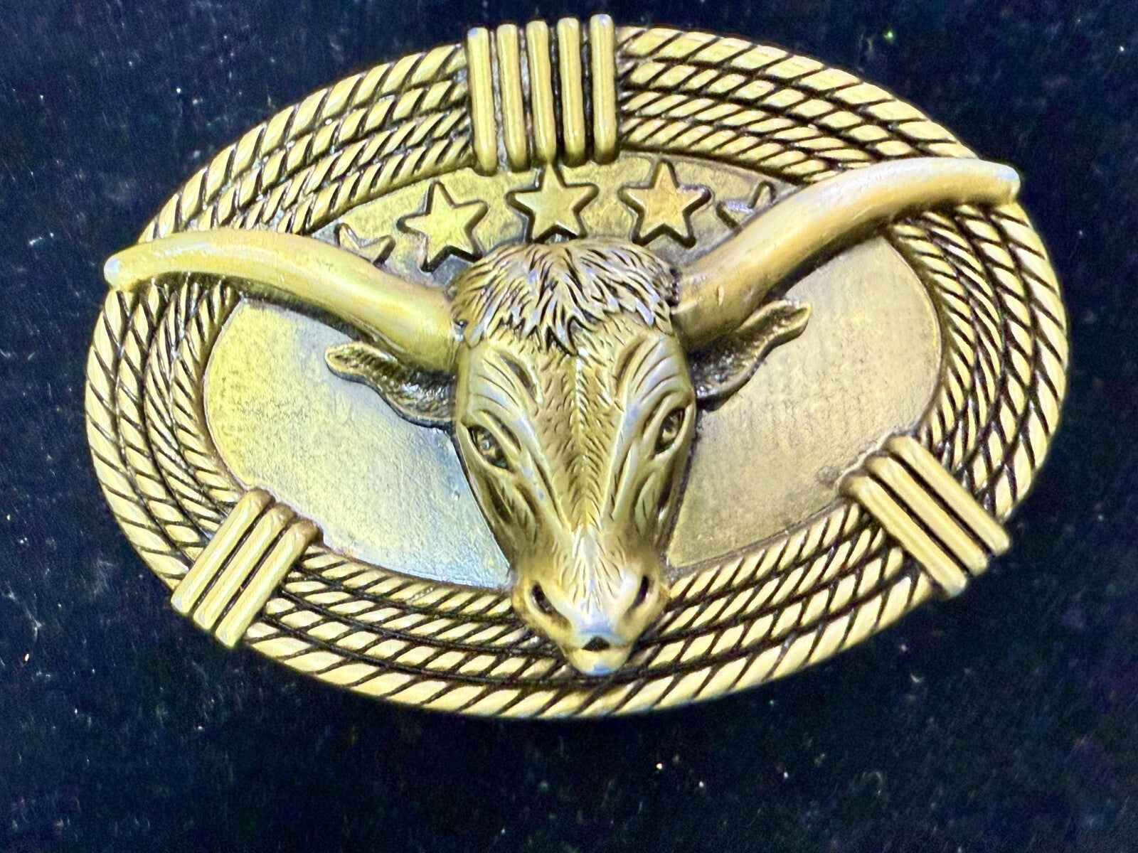 3D Longhorn Bull Head with Stars Rope Border Western Rodeo Cowboy Belt Buckle