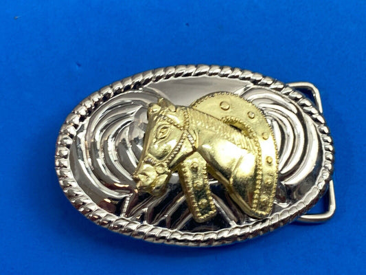 Two toned HORES HEAD BUST inside horseshoe western cowboy oval belt buckle