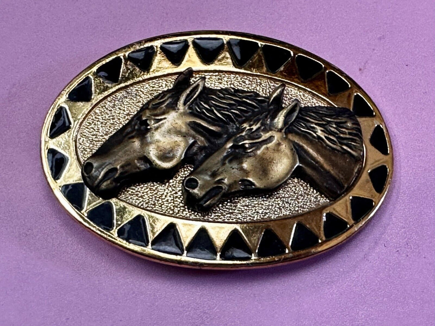 Two Running Horse Heads Vintage Mexico Belt Buckle - See Duck Makers Mark