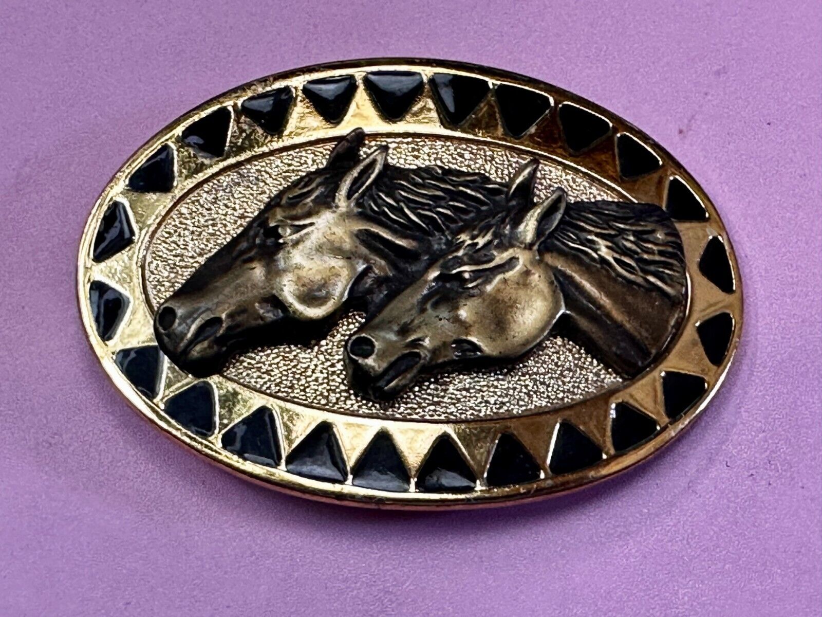 Two Running Horse Heads Vintage Mexico Belt Buckle - See Duck Makers Mark