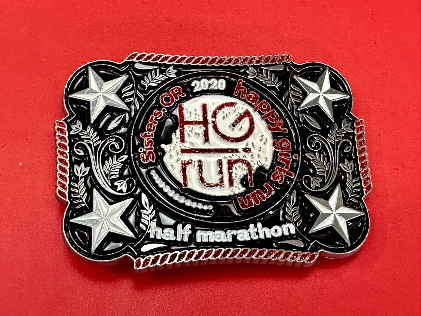 2020 Happy Girls Run HGR marathon silver tone stars in corner belt buckle