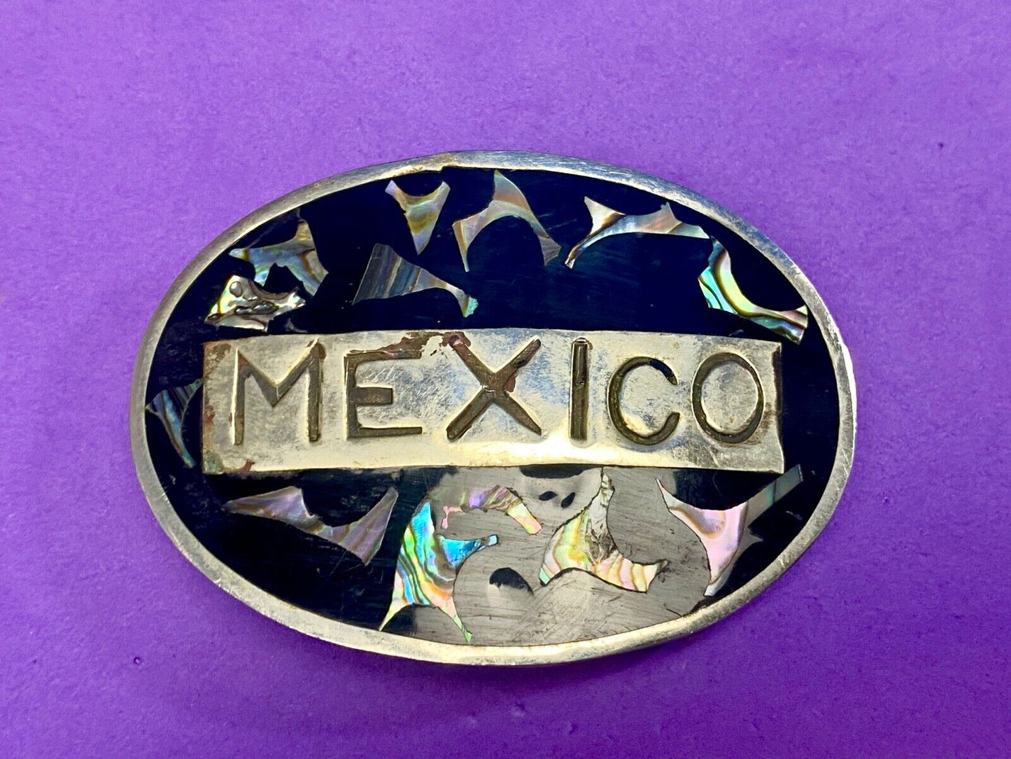 Vintage Inlaid Mother of Pearl MEXICO Spelled Out country belt buckle 