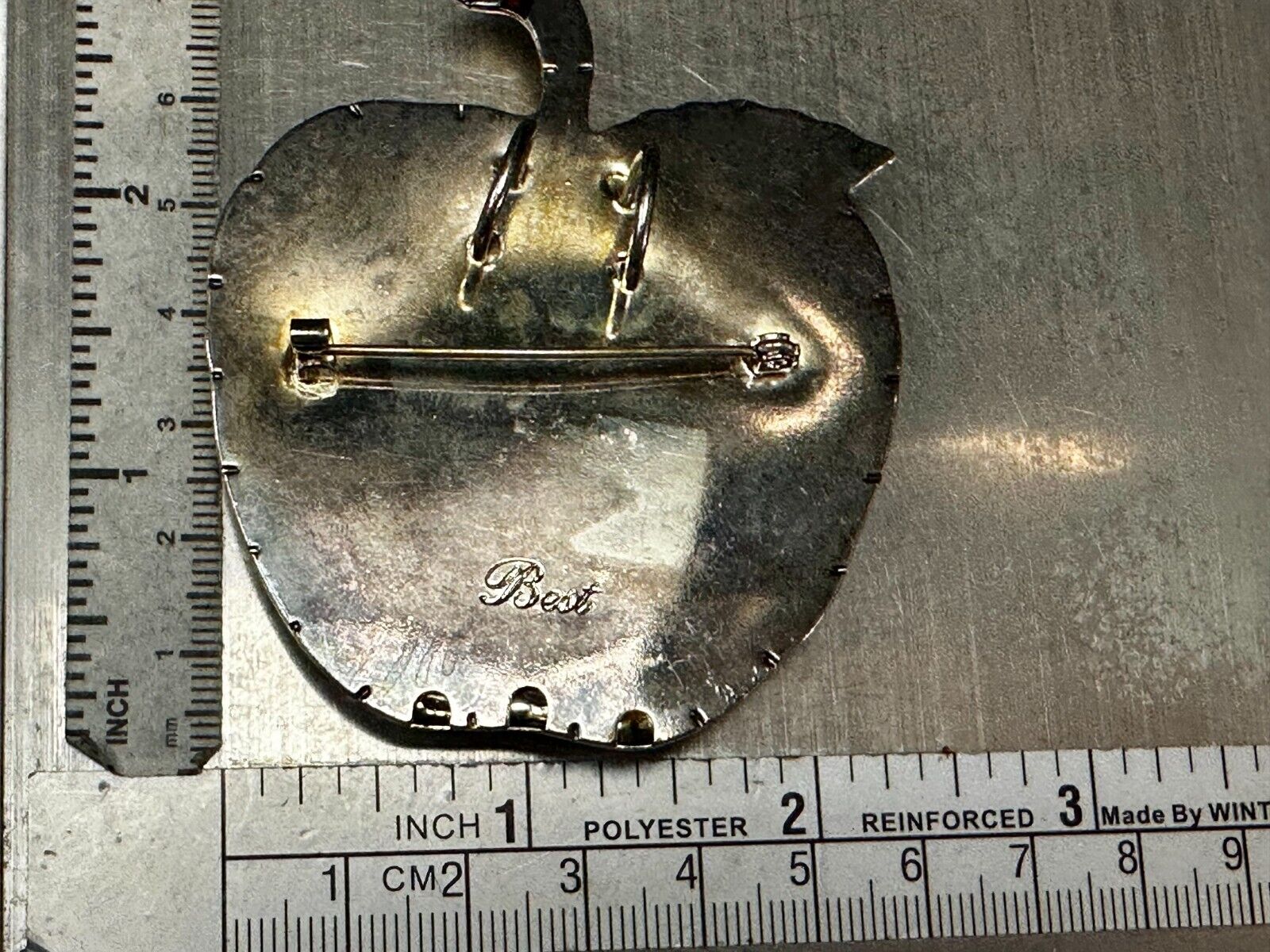 Apple Fruit Shape Hammered Texture Silver Tone Brooch Pin Signed by Best
