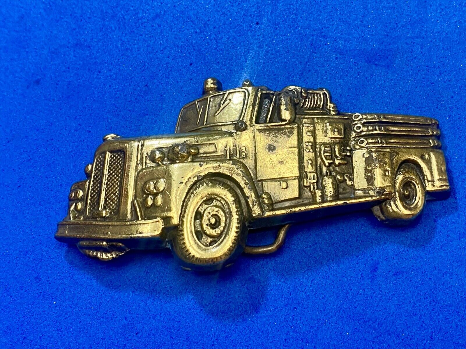 Vintage Figural Fire Truck cut out brass belt buckle