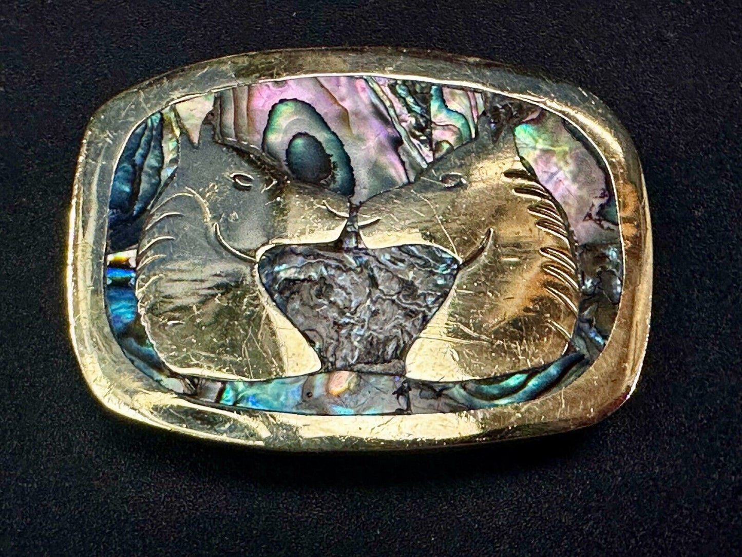Two Horses Vintage Inlaid Alabone Shell Small Mexico Stamped Belt Buckle