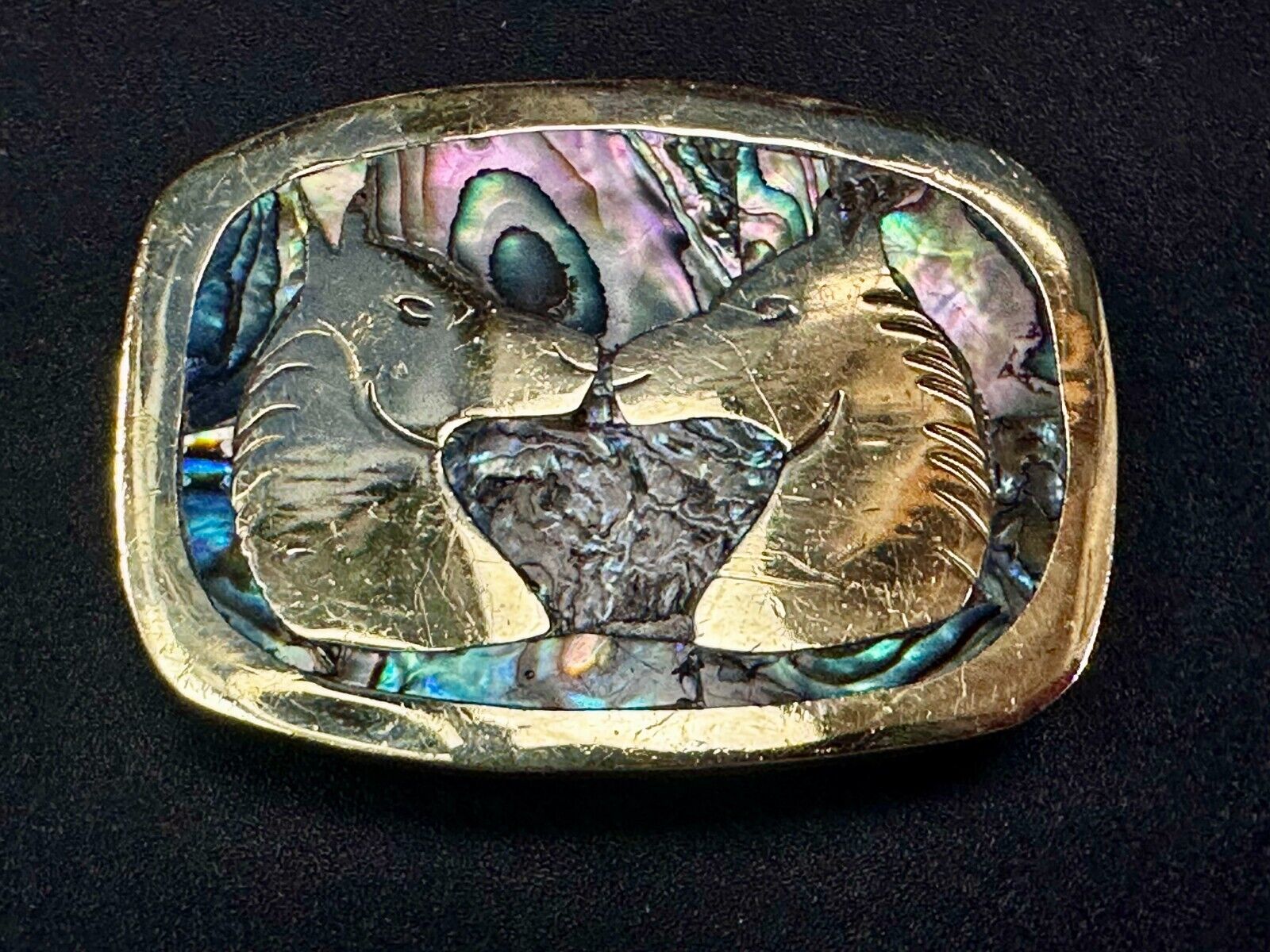 Two Horses Vintage Inlaid Alabone Shell Small Mexico Stamped Belt Buckle