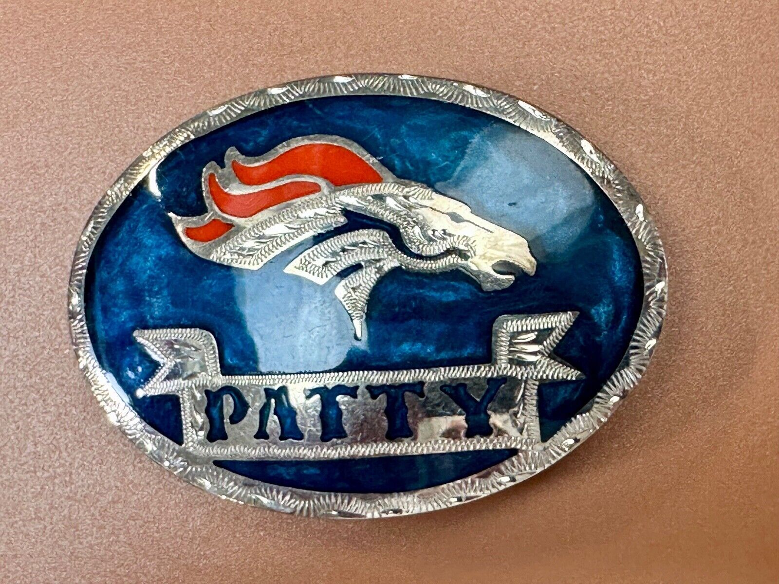 Artisan Custom Name PATTY ribbon - enamel inlaid Mustang race horse belt buckle