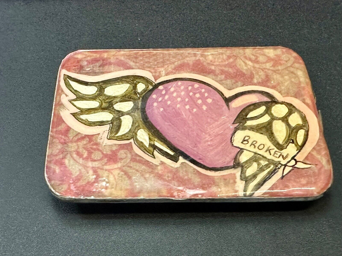 Vintage HEART with wings Mexican Collage belt buckle by artisan Nikki Zabicki