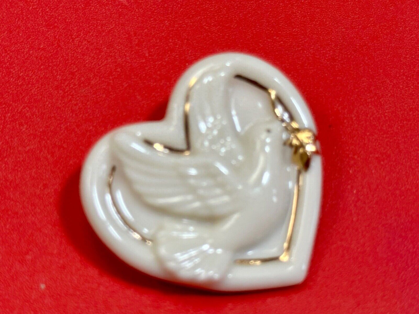 Vintage Lenox Heart Shaped Brooch with Peace Dove & Olive Branch, Gold Trim