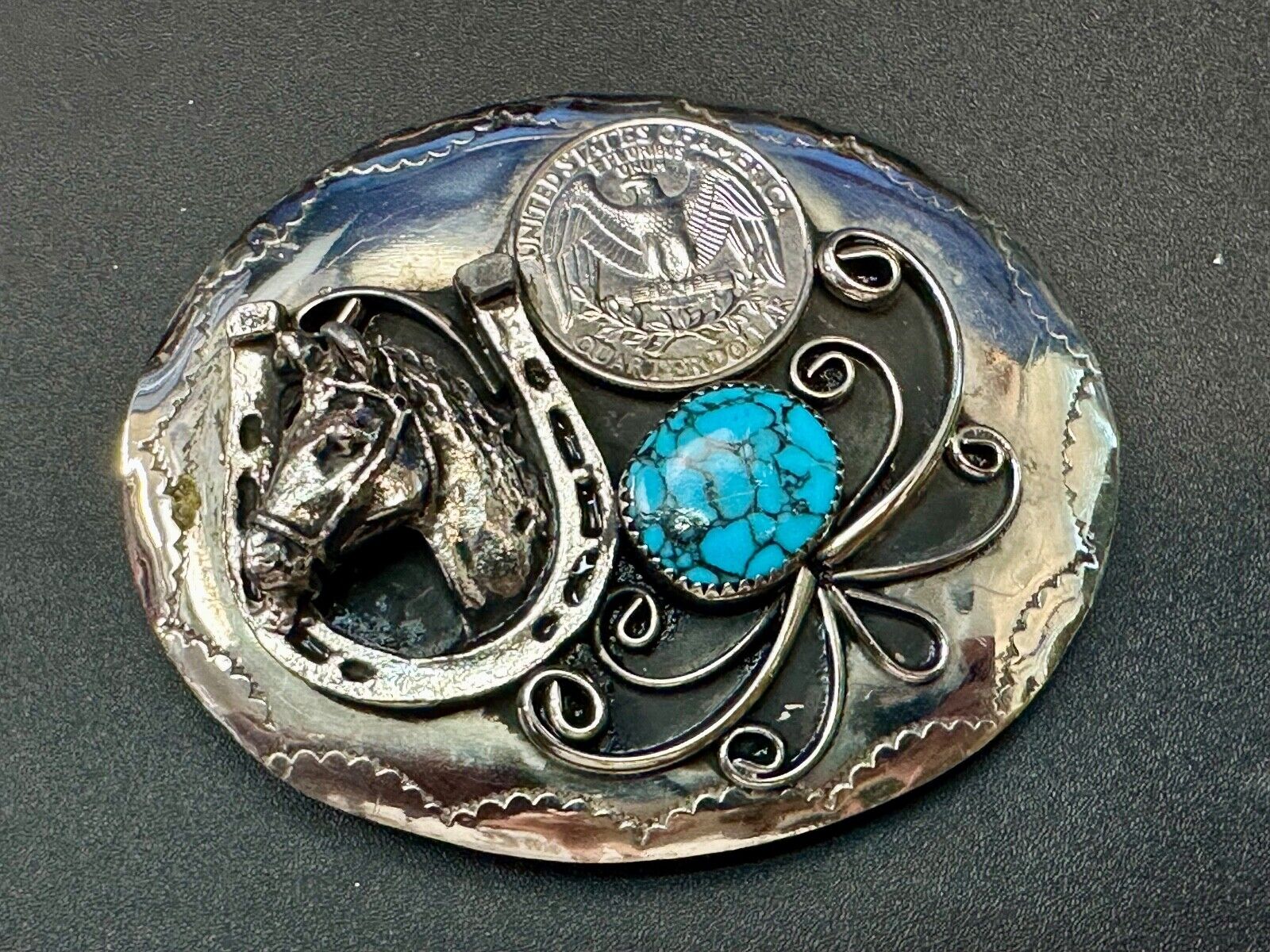 Turquoise Stone Horse Head & Shoe, Quarter Coin Southwestern belt buckle