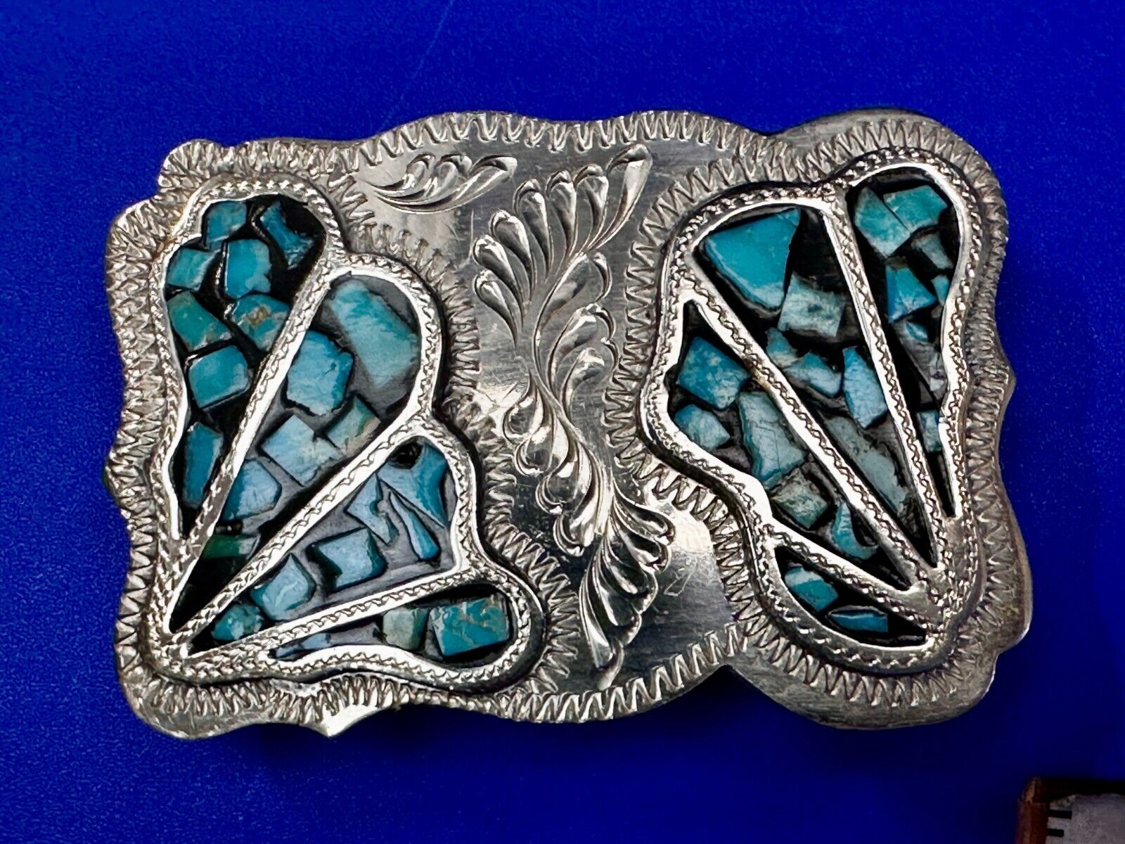 Turquoise Coral Stone Chip Inlay Hand Made Wil-Aren Western Jewelry Belt Buckle