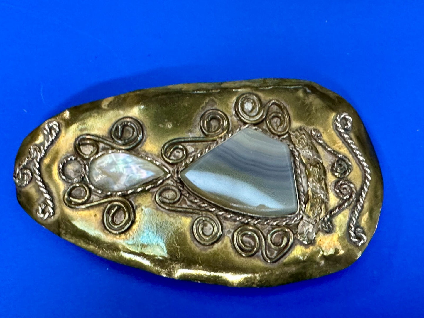 Artisan Mixed Stone Shell Art Nouveau Boho Brass Hippy Vibe Large Belt Buckle
