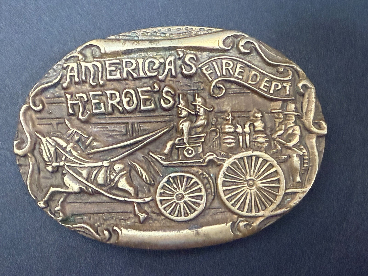 America's Heroes Fire Department Fireman Truck Wagon Solid Brass Belt Buckle