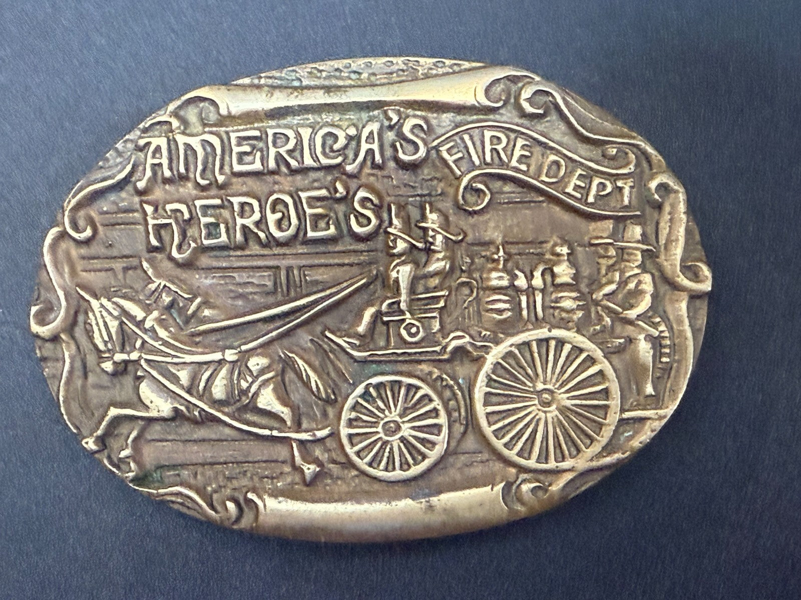 America's Heroes Fire Department Fireman Truck Wagon Solid Brass Belt Buckle