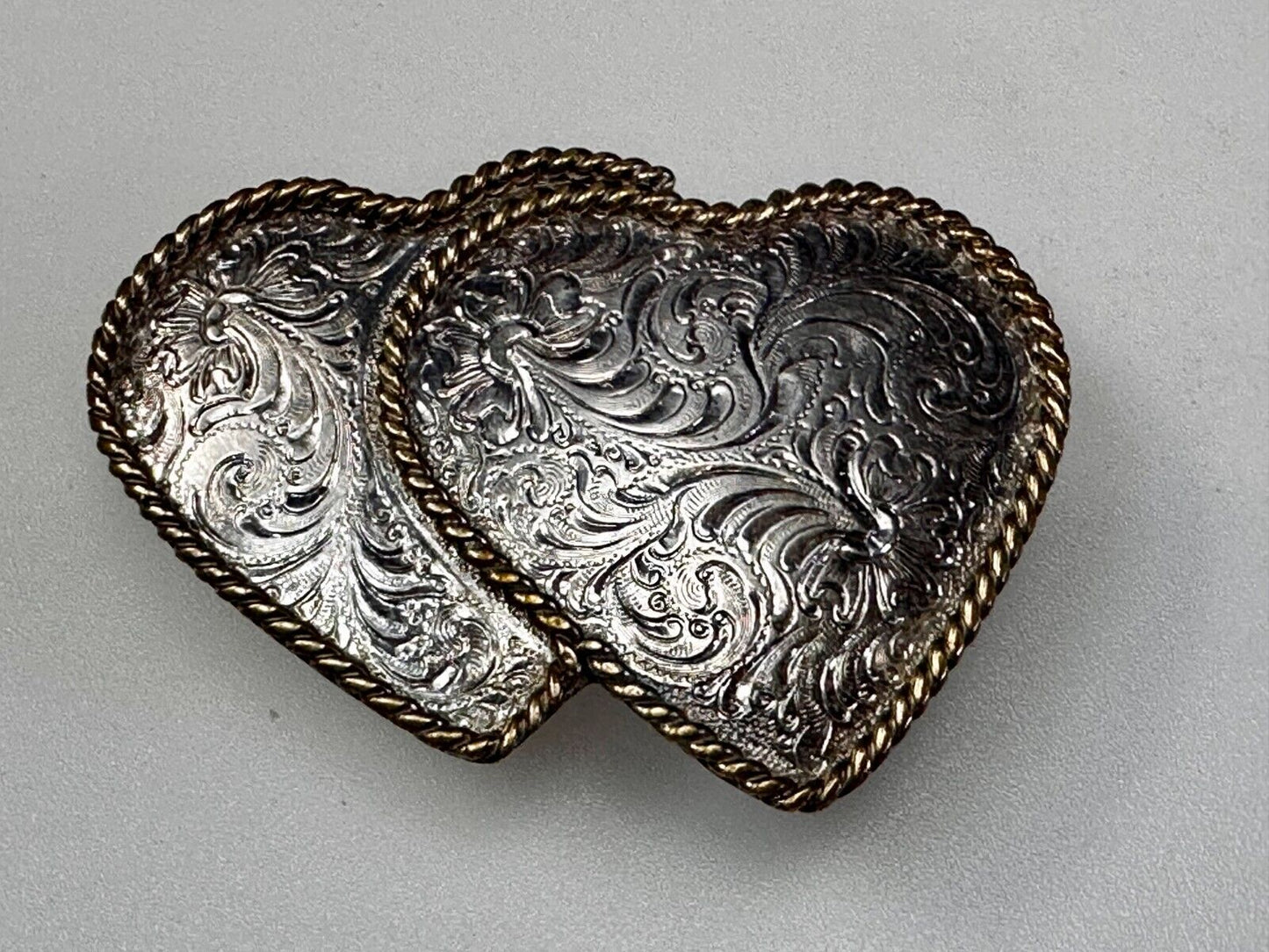 Two Deal Hearts - Vintage Award Design Medals Two Tone Western Belt Buckle