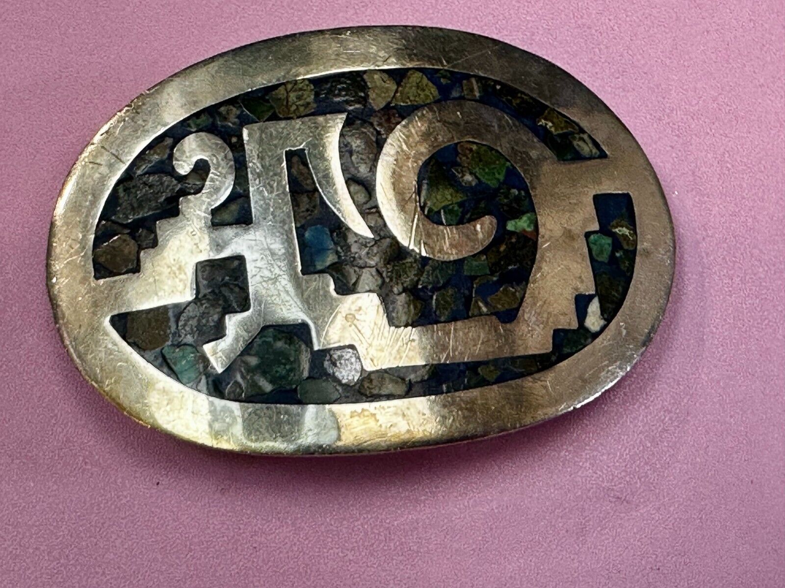 Vintage Inlaid Abalone Shell AZTEC MAYAN Theme Mexico Made? Belt Buckle