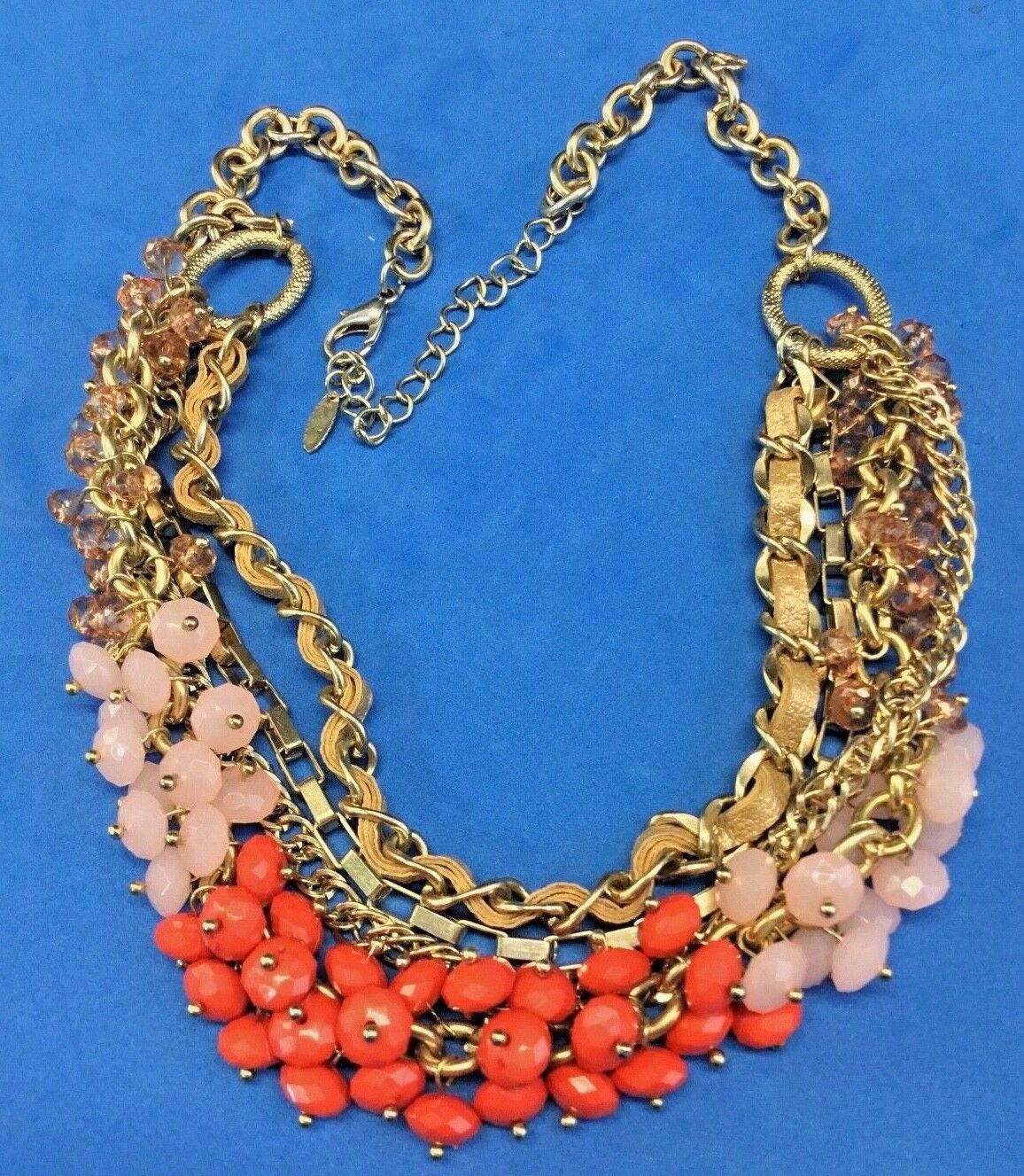 VCLM Multi Strand Gold Pink Coral Orange Beaded Statement 21" Necklace