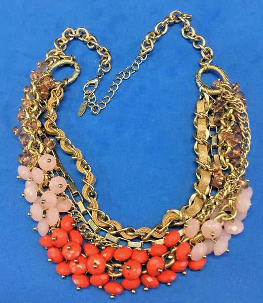 VCLM Multi Strand Gold Pink Coral Orange Beaded Statement 21" Necklace