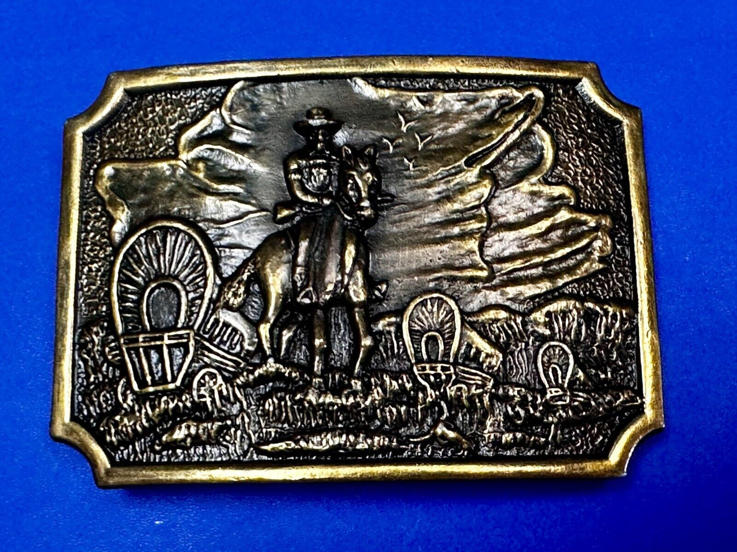 Tall In The Saddle Western Cowboy Leading Wagon Train Vintage ART Belt Buckle