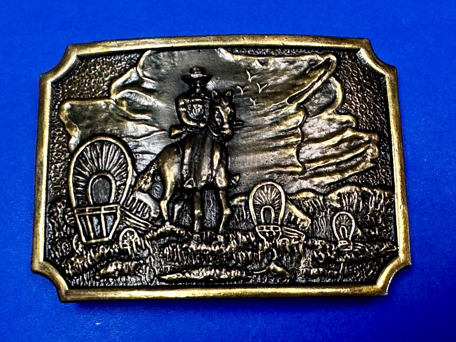 Tall In The Saddle Western Cowboy Leading Wagon Train Vintage ART Belt Buckle