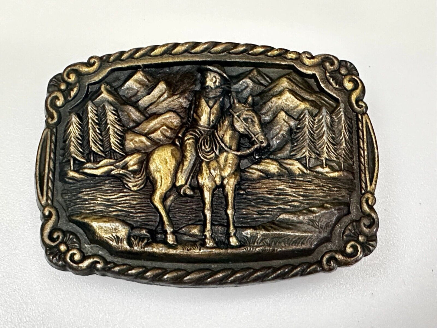 Tall In The Saddle Western Cowboy Leading Wagon Train Vintage ART Belt Buckle