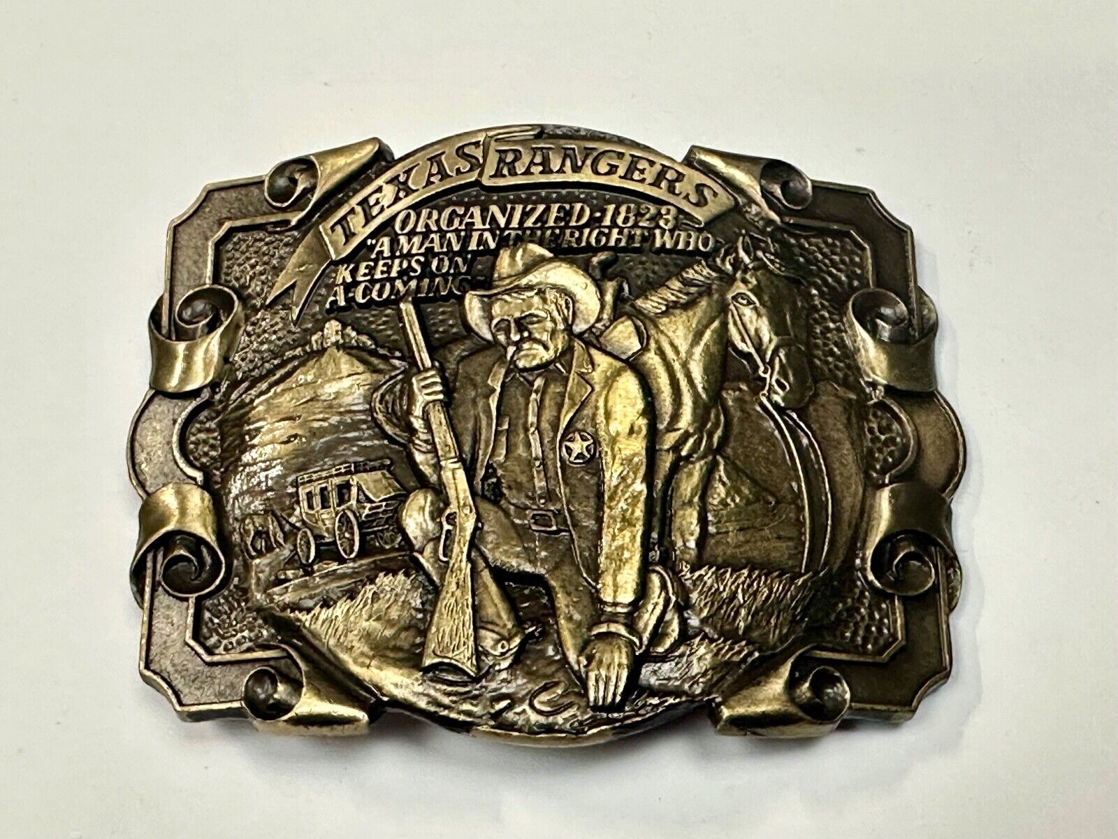Texas Rangers Organized 1828 A man in the right who keeps on coming Belt Buckle