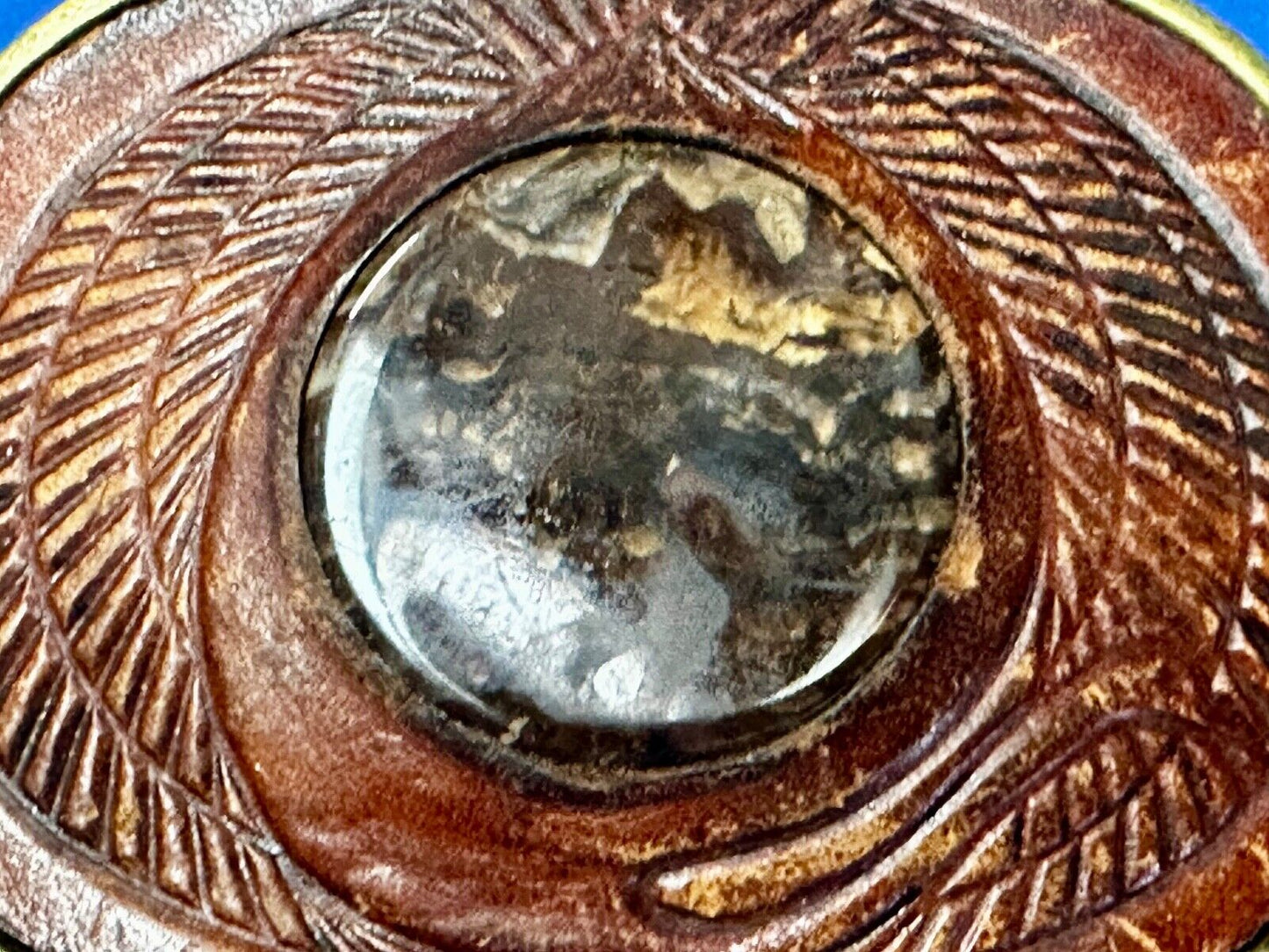 Unique Leather and Solid Brass Round Centerpiece Vintage Belt Buckle by Baron