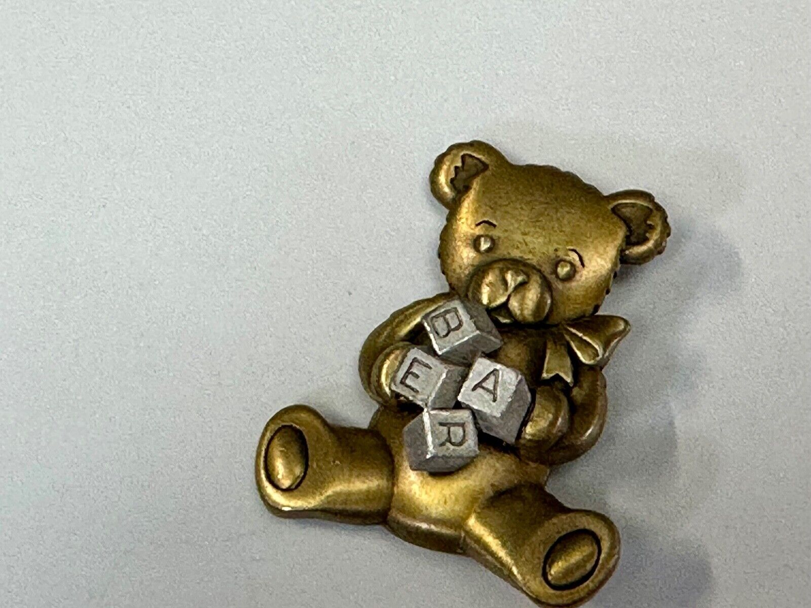 Adorable Two tone Teddy Bear with blocks JJ Signed vintage brooch pin