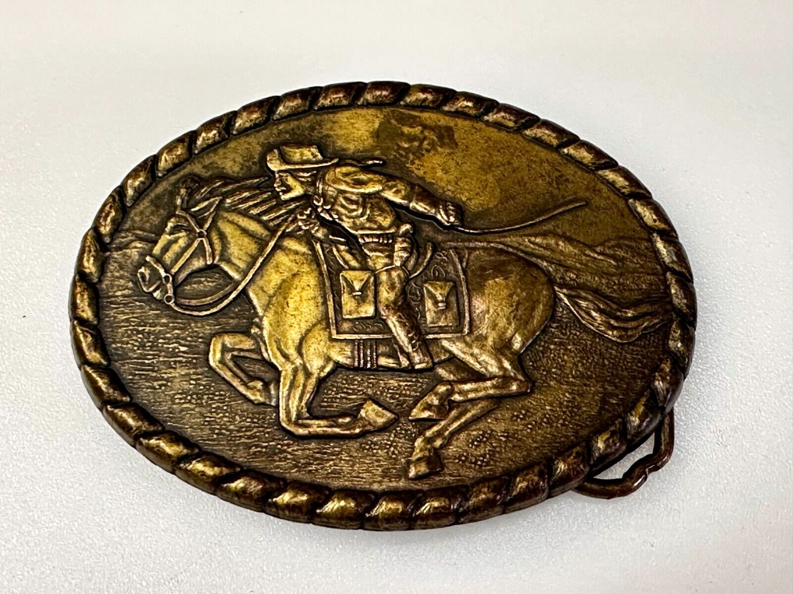 Vintage 1981 Pony Express Rider Mervyn's Commemorative Brass Tone Belt Buckle