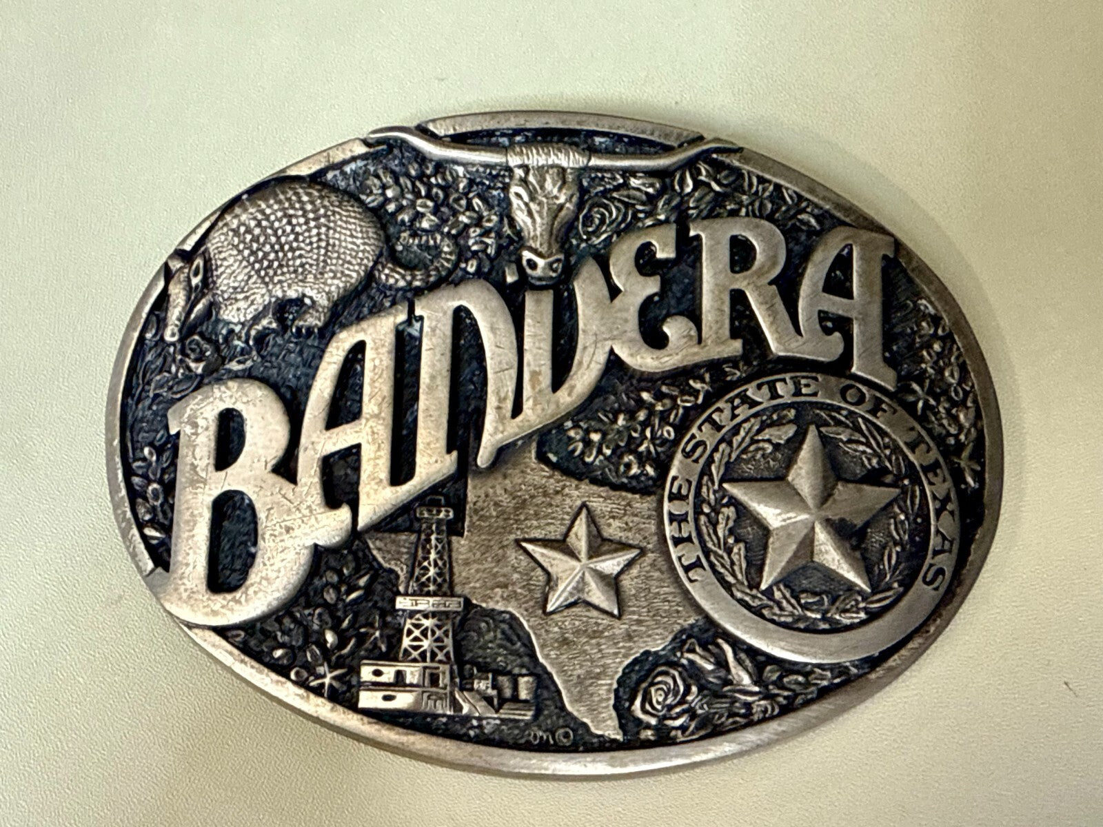 Bandera Texas State Seal , Oil, Star, Longhorn Vtg ADM Solid Brass Belt Buckle