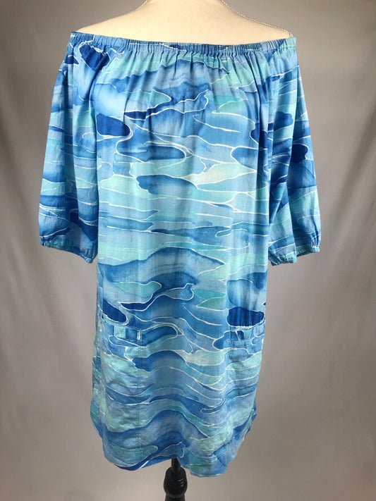 Anthropologie MERMAID Ocean Blue Waves Cover Up Shift Dress Off Shoulder S 