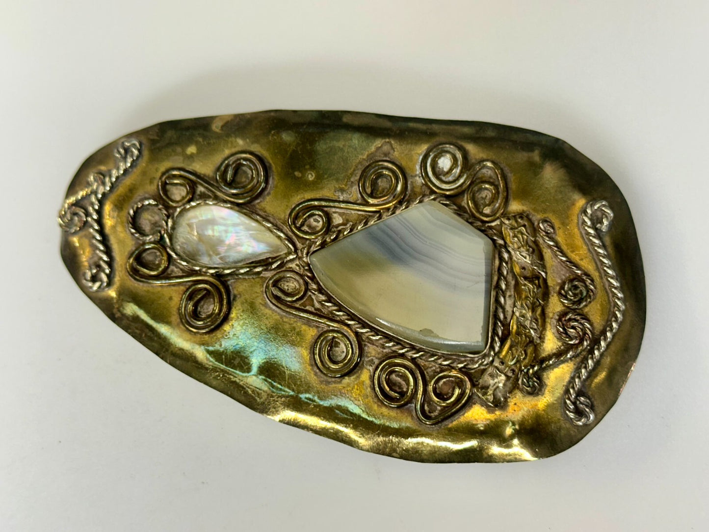 Artisan Mixed Stone Shell Art Nouveau Boho Brass Hippy Vibe Large Belt Buckle