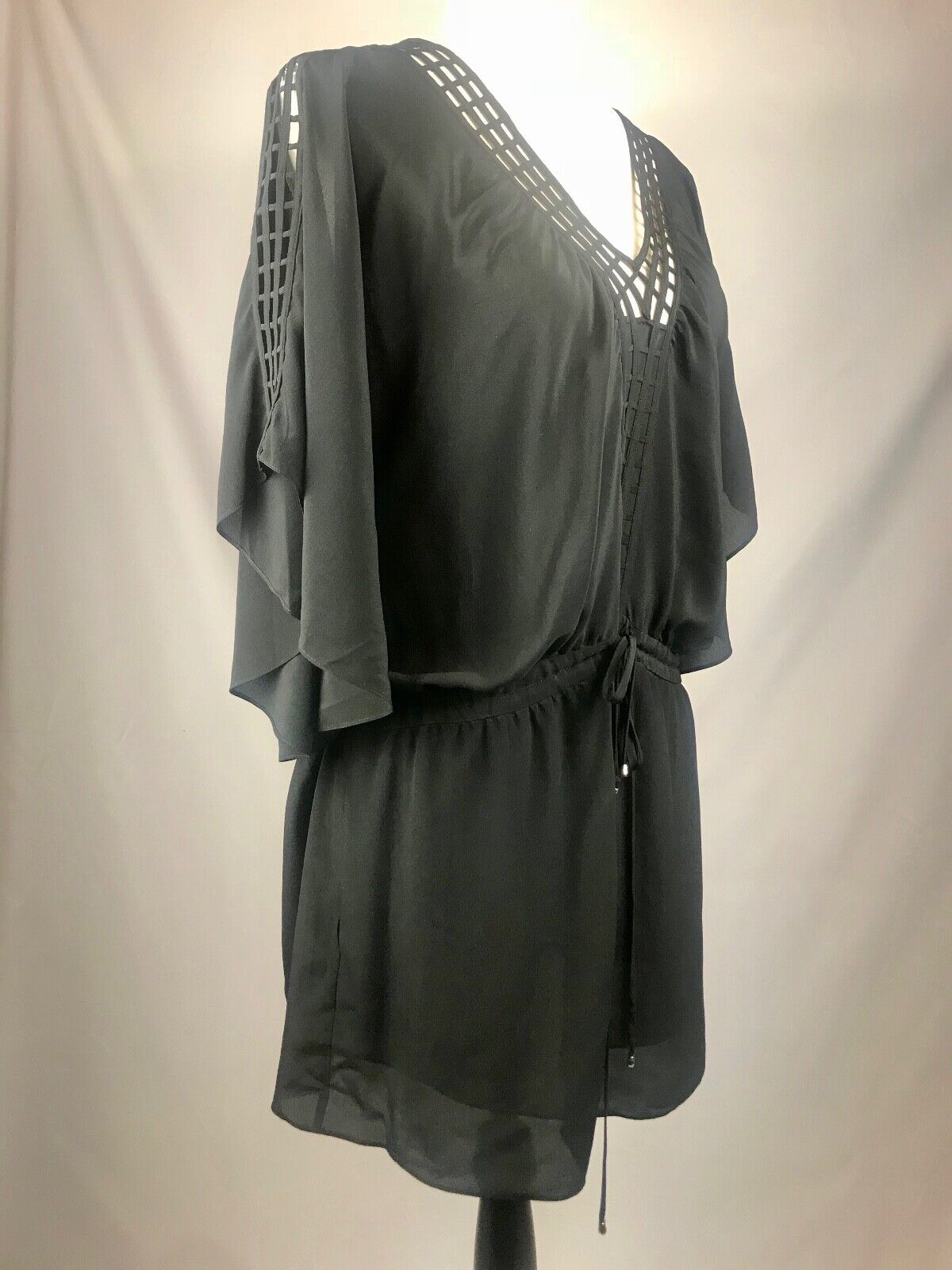 Anthropologie LEIFSDOTTIR Black Silk Dress Dolman Open Cage Sleeves Tie Waist 6