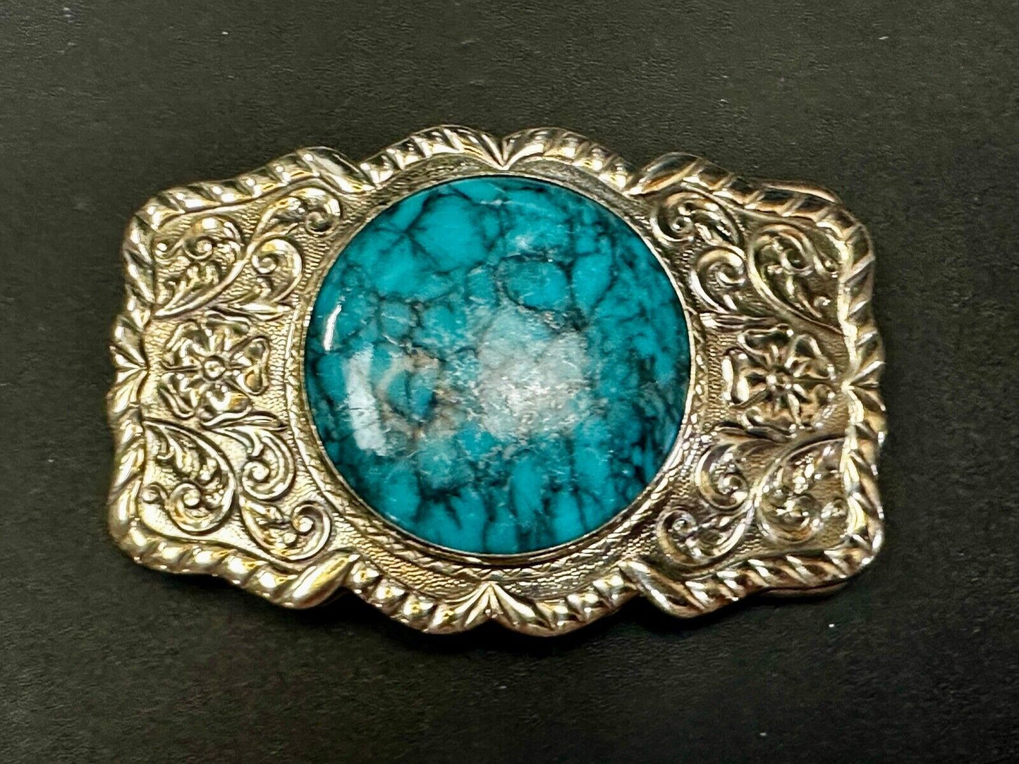 1960s Bell Trading Post Nickel Silver W/ Round Simulated Turquoise Belt Buckle