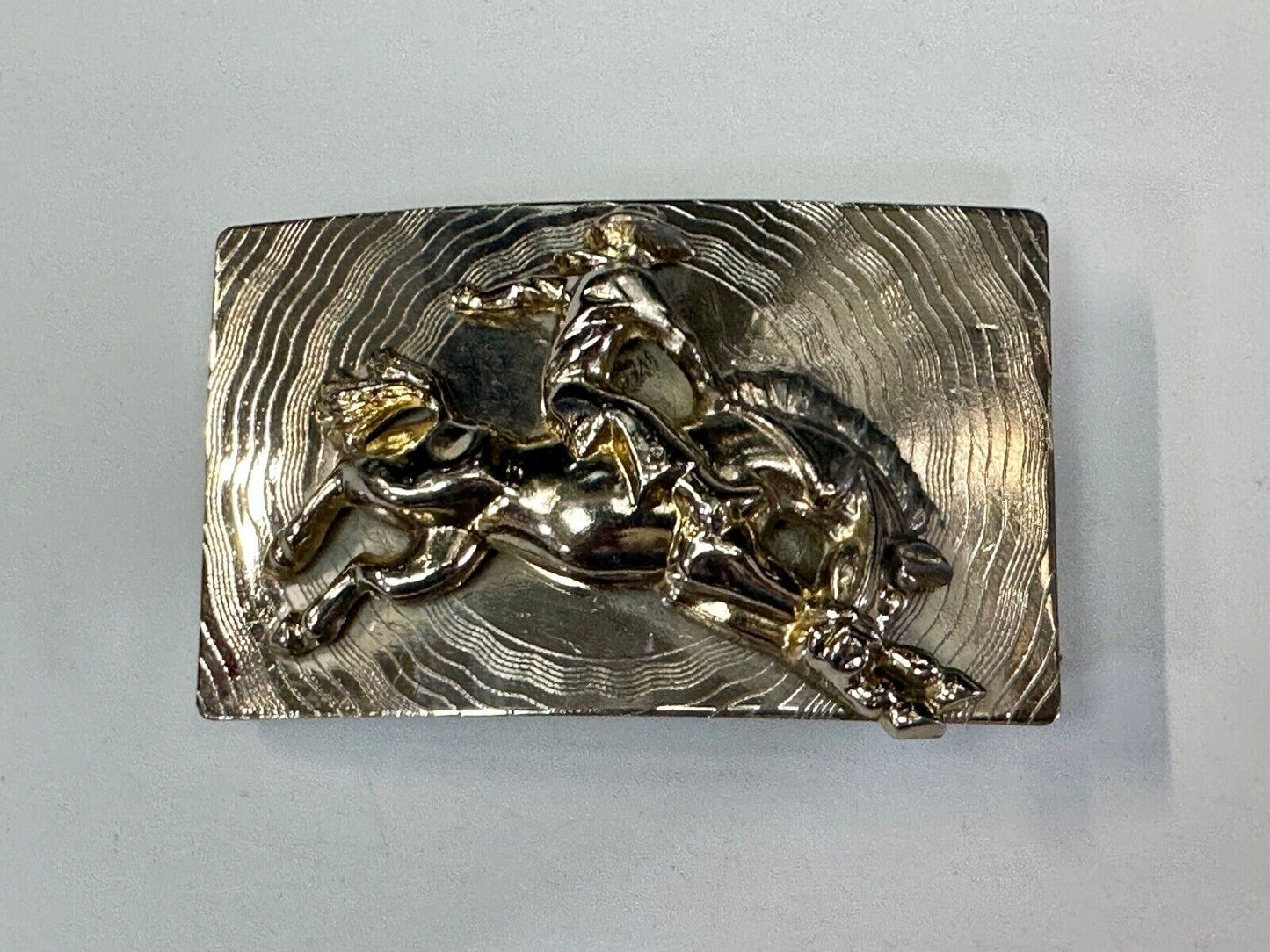 Trippy! Cowboy Saddle Bronc Horse Rider western Impact style belt buckle. - RARE