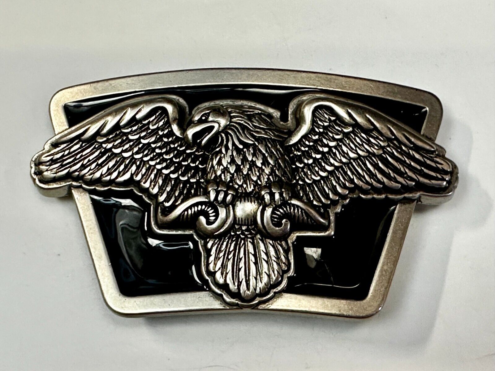 American Flying Bald Eagle Spreading Wings Silver Tone Black Enamel Belt Buckle