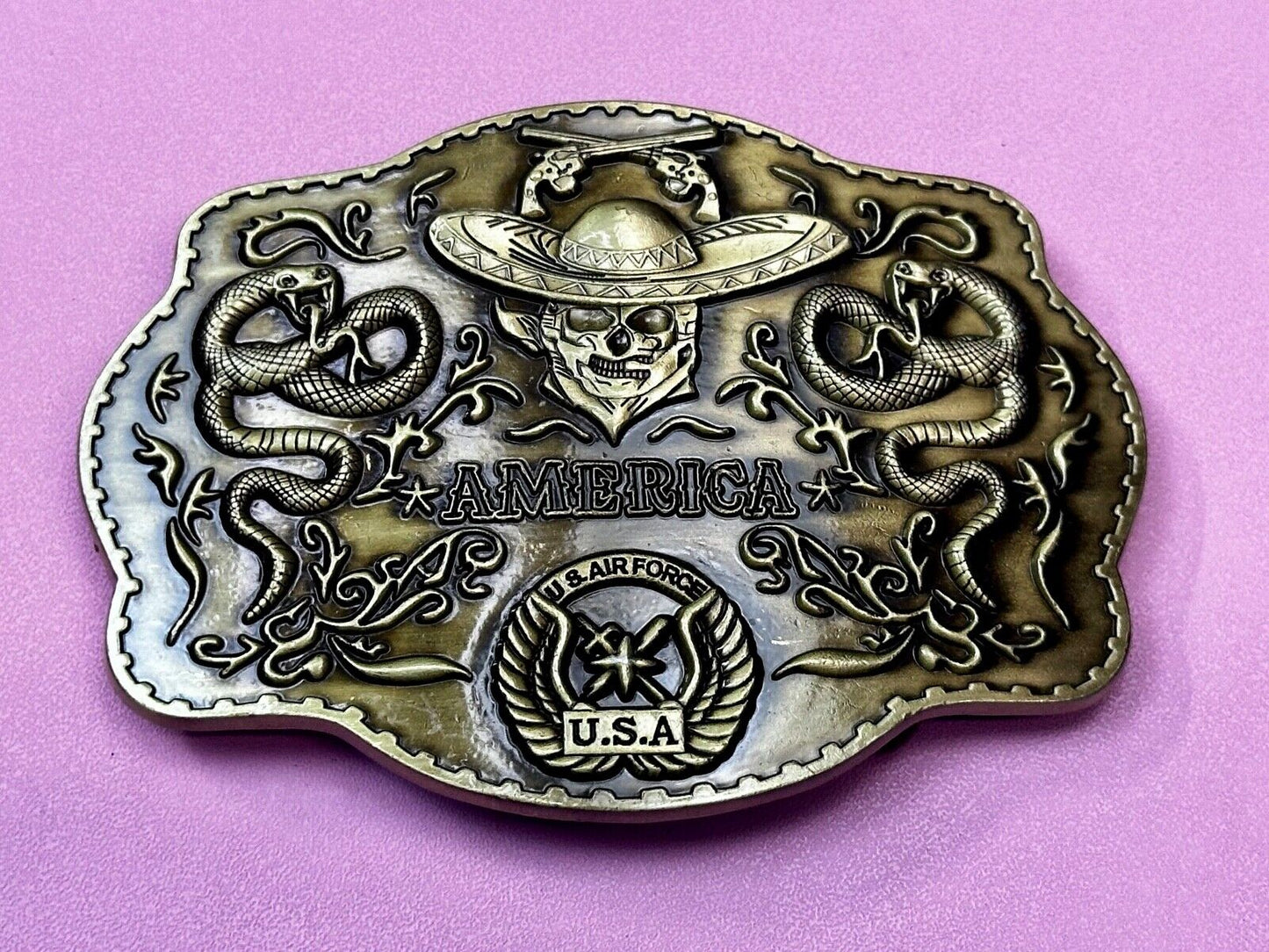 Air Force - America Skull in Cowboy Hat, Crossed Guns, Snakes, Eagle Belt Buckle