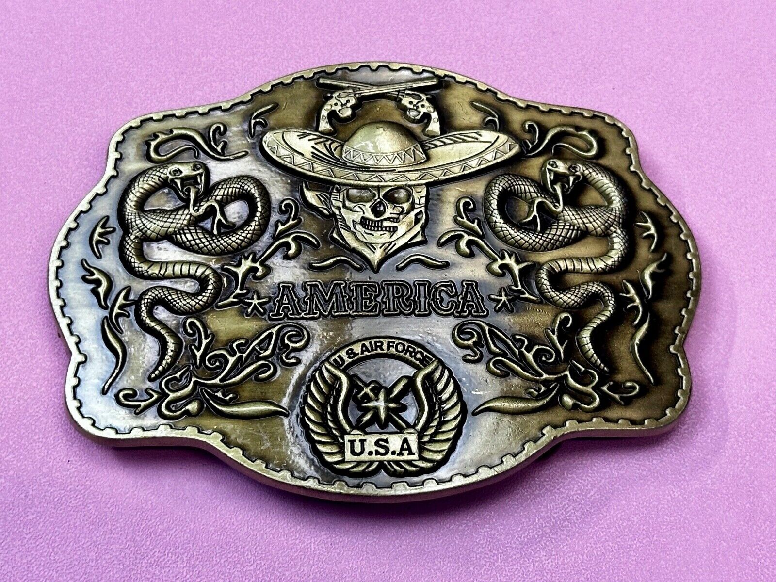 Air Force - America Skull in Cowboy Hat, Crossed Guns, Snakes, Eagle Belt Buckle