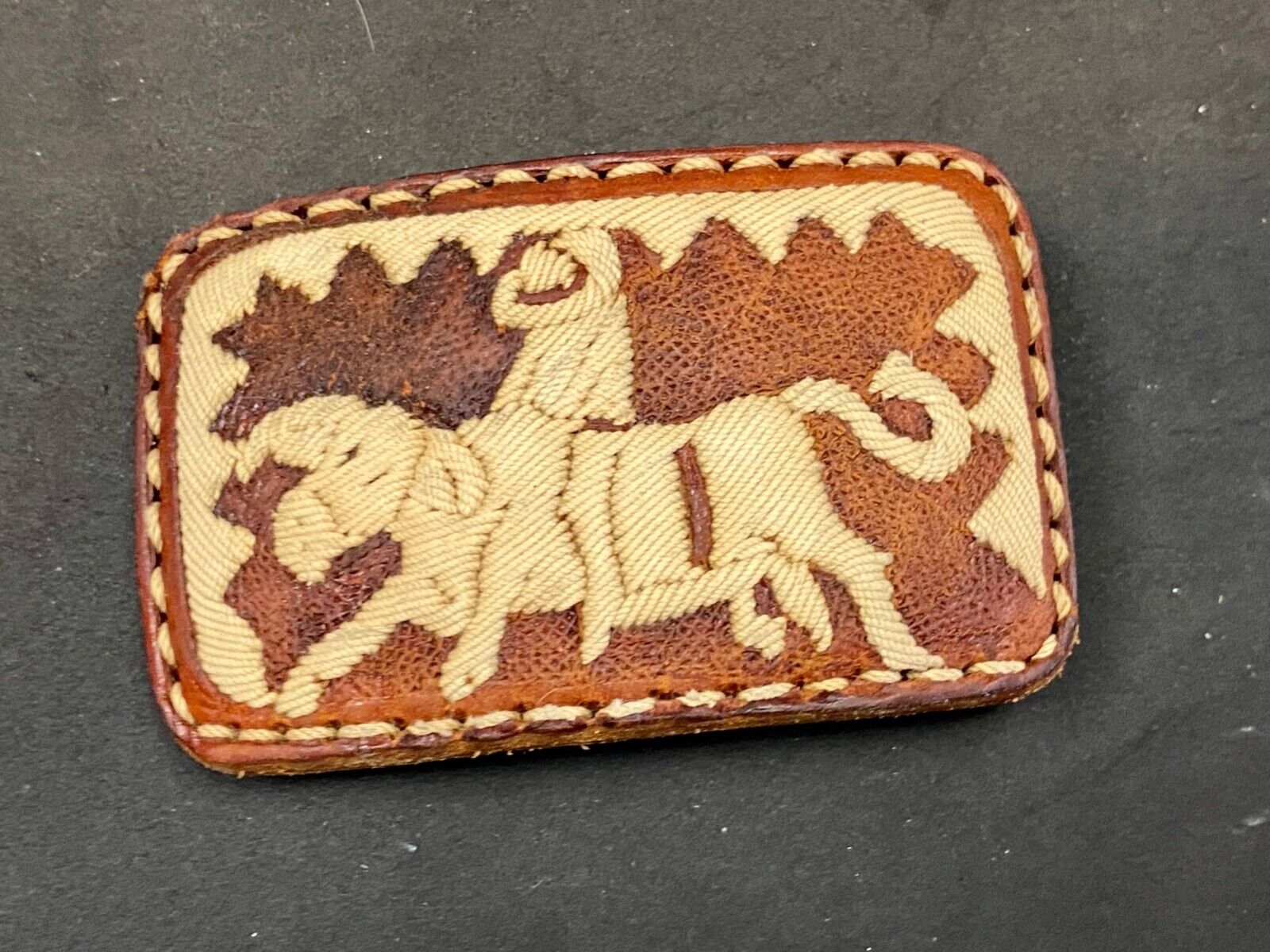 Vintage Fabric Stitched Belt Buckle  Rodeo Cowboy On Wild Bull