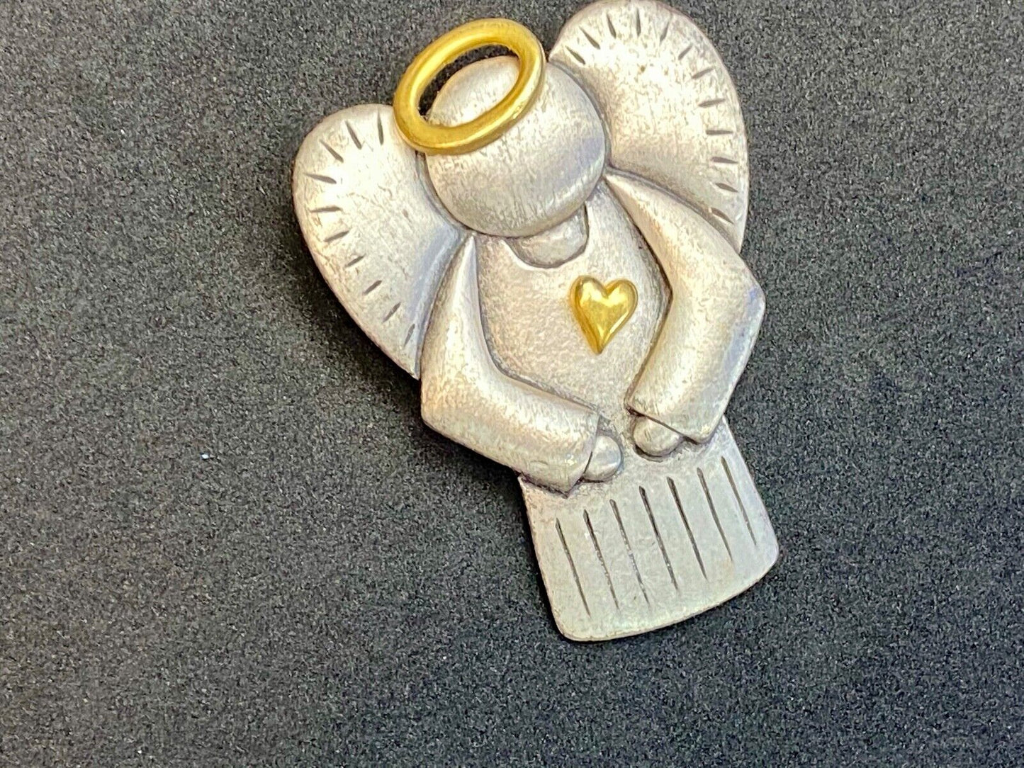 Angels Watch Over Me Pewter Two tone Halo &Heart  Brooch Pin Costume Jewelry