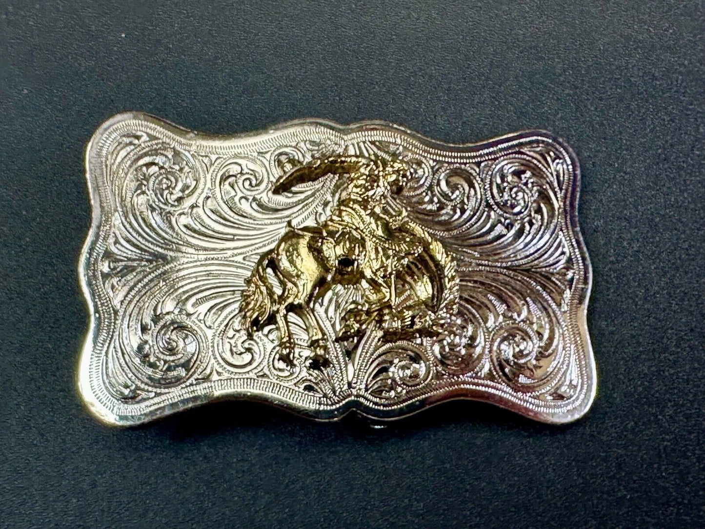 Vintage Cowboy Saddle Bronc western two tone ornate flower swirl belt buckle