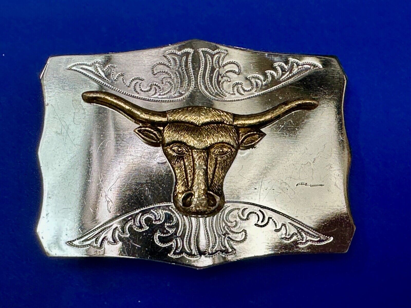 Two tone Raised Longhorn Cow Steer on Vintage Belt Buckle made in Japan