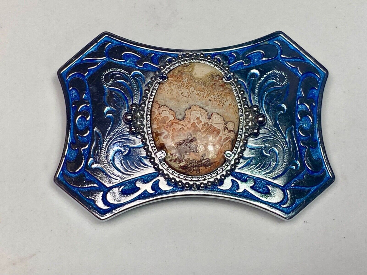 Unique Oval Cabochon Stone Centerpiece On Silver & Blue Color Belt Buckle