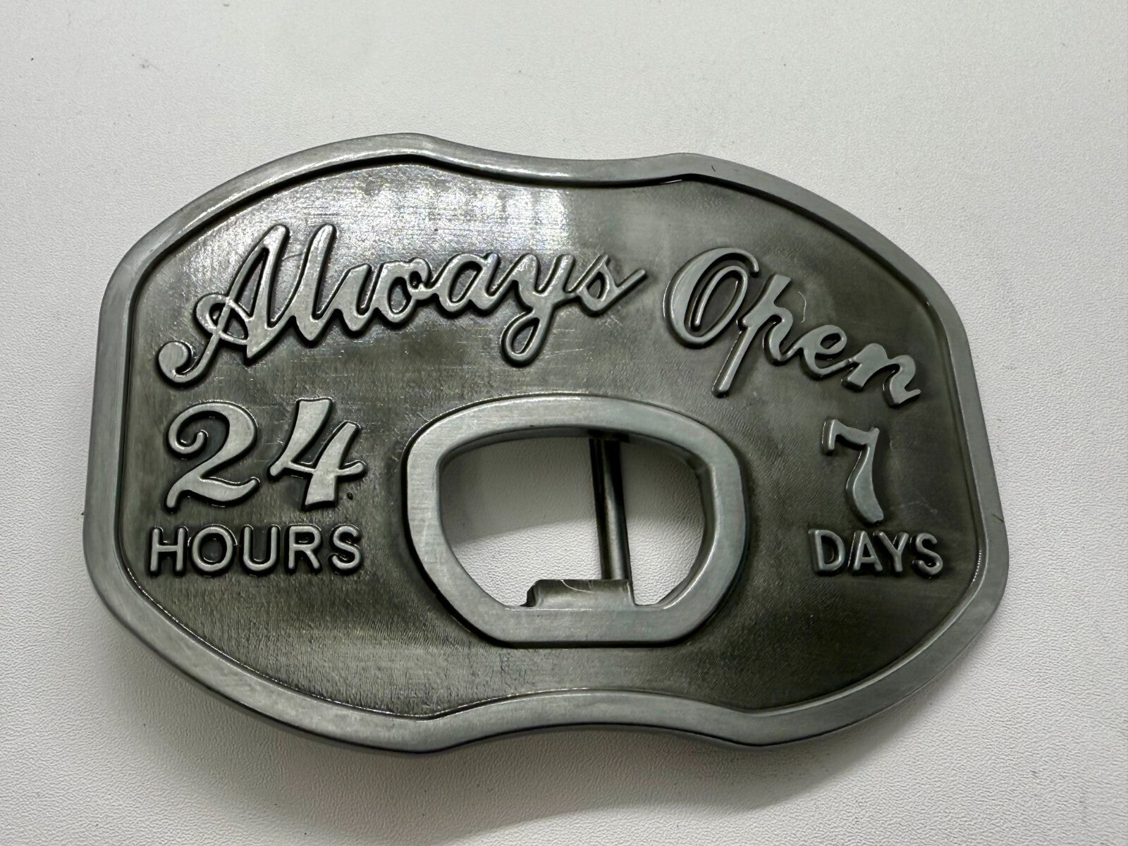 Always Open 24 / 7 Belt Buckle and Bottle Opener - Perfect Bar Pickup Line!