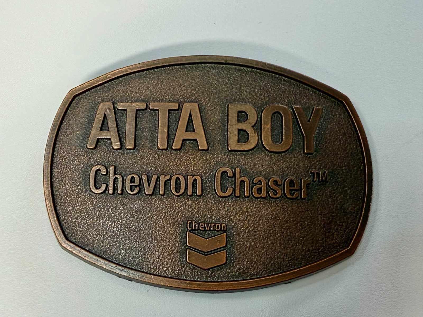 ATTA BOY Chevron Chaser Fuel Oil Mine Industry Rough Neck NOS Vtg. Belt Buckle