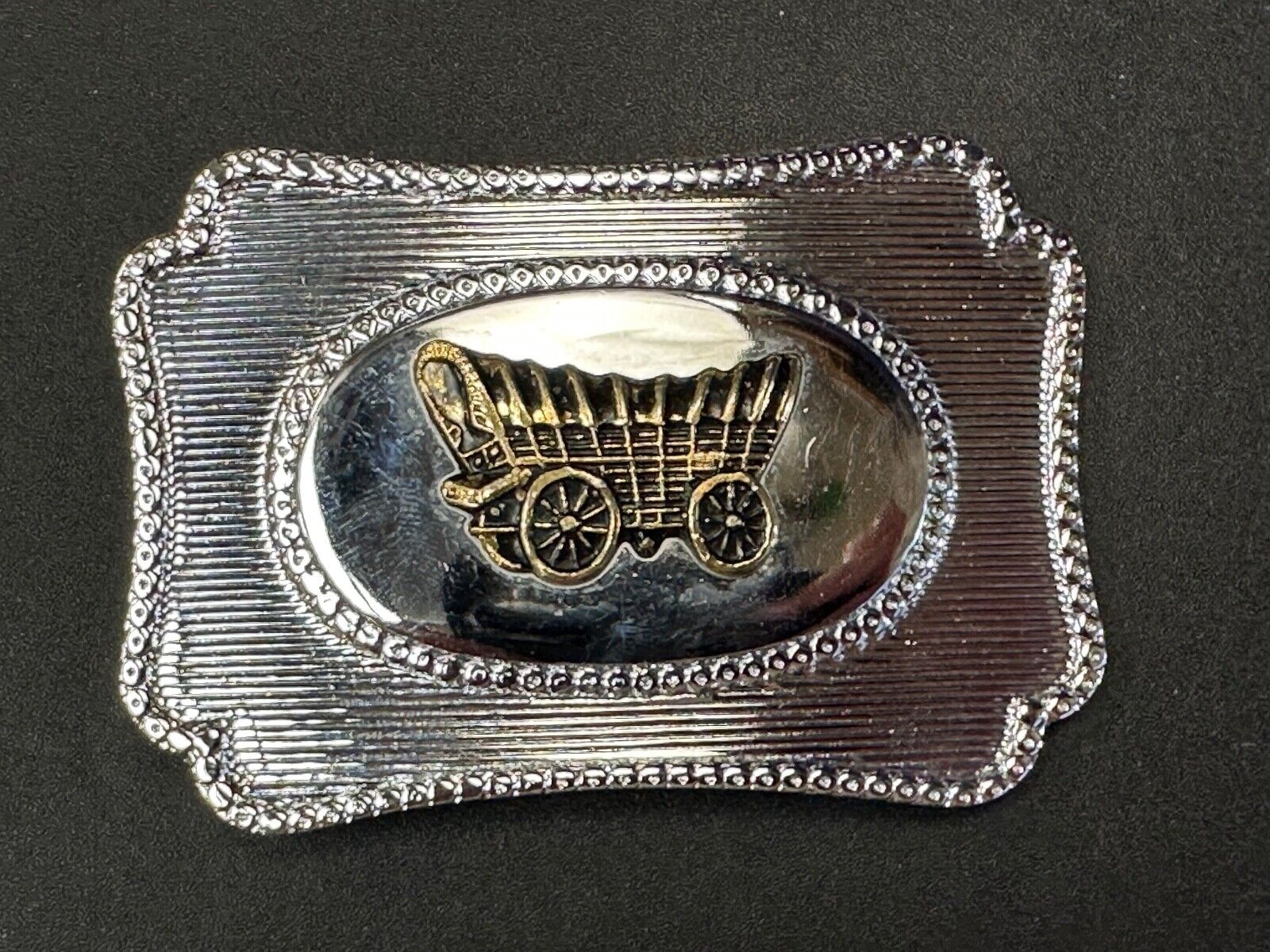 Vintage Horse Drawn Covered wagon on western two tone belt buckle